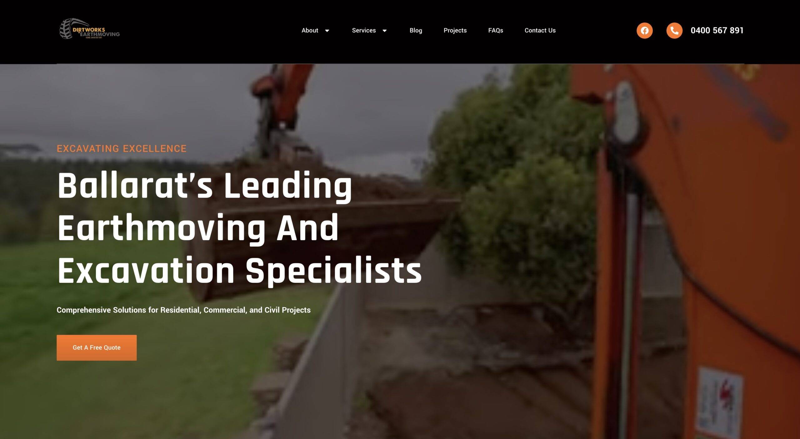 Desktop view of Dirtworks Ballarat website homepage featuring excavator and tagline